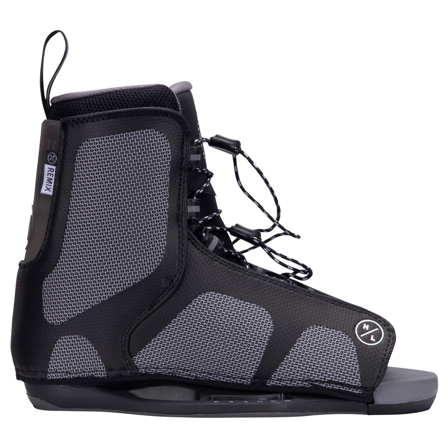 State 2.0 with Remix Binding: Black/gray asymmetrical wakeboard boot with laces.
