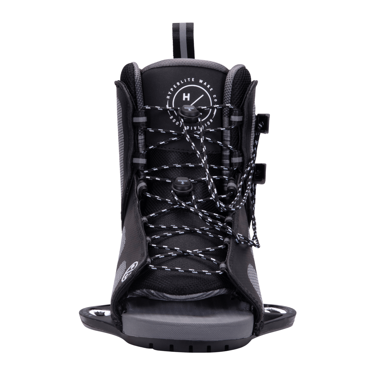 Remix Binding: Black with white laces, front view, perfect for beginner to intermediate riders.