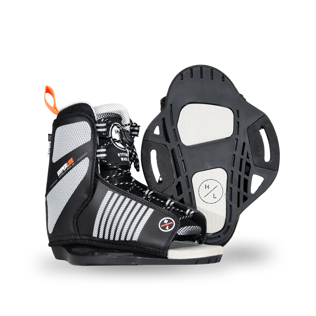 Side and base views of the Remix Kids Binding in black and gray, with an orange pull loop and an open toe.