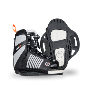 Side and base views of the Remix Kids Binding in black and gray, with an orange pull loop and an open toe.