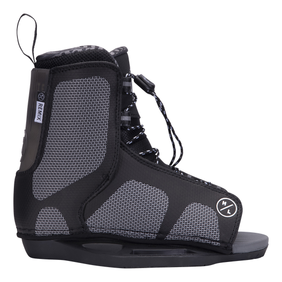 Remix Kids boot in black and gray, adjustable for beginners to intermediates, with lace-up design.