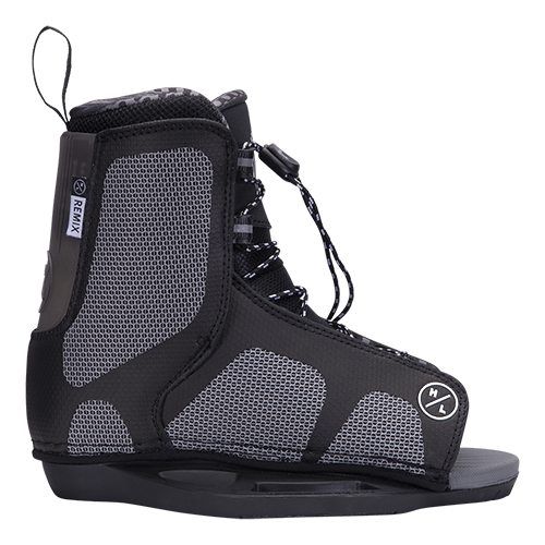 Motive Jr. wakeboard boots for beginners, black/gray, lace-up front, logo details.