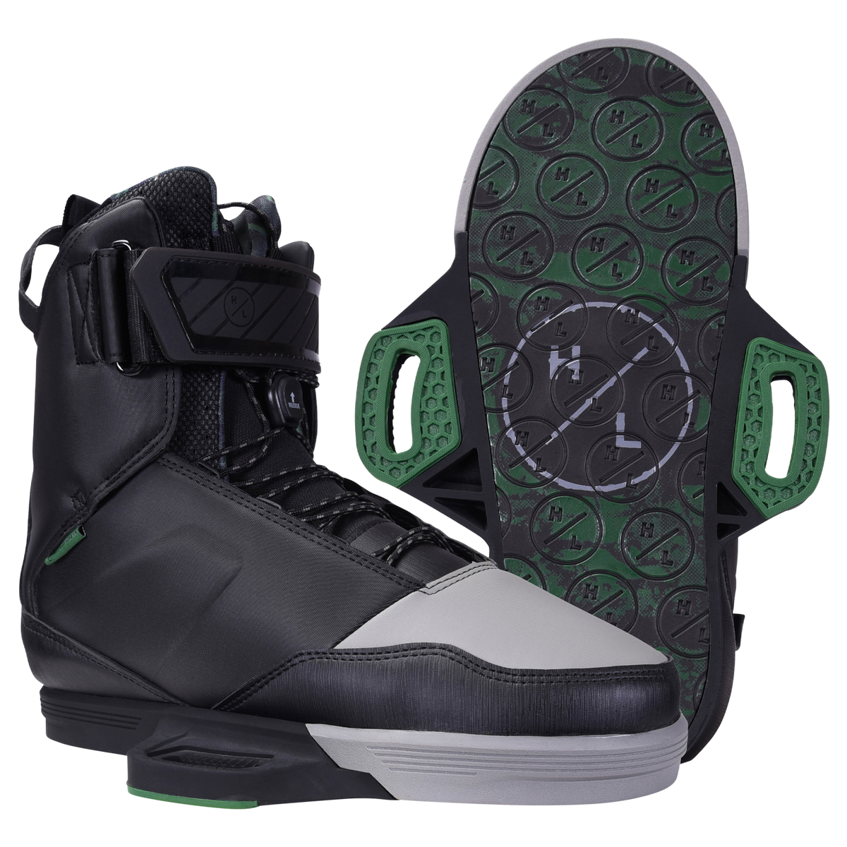 Scout Binding: Black boots with green accents and durable construction.