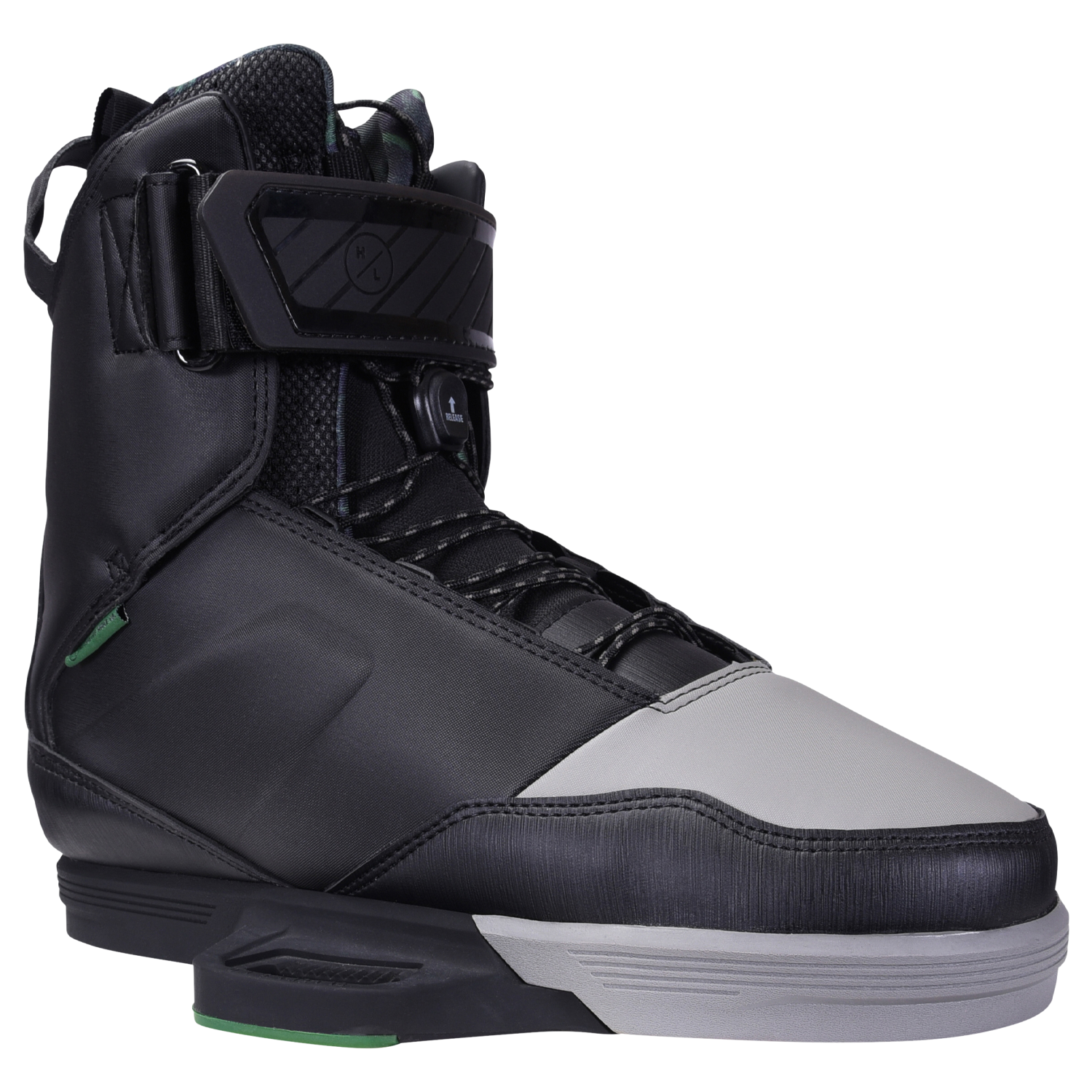 Scout Binding: A black/gray snowboard boot with laces, an ankle strap, and bomb-proof build.
