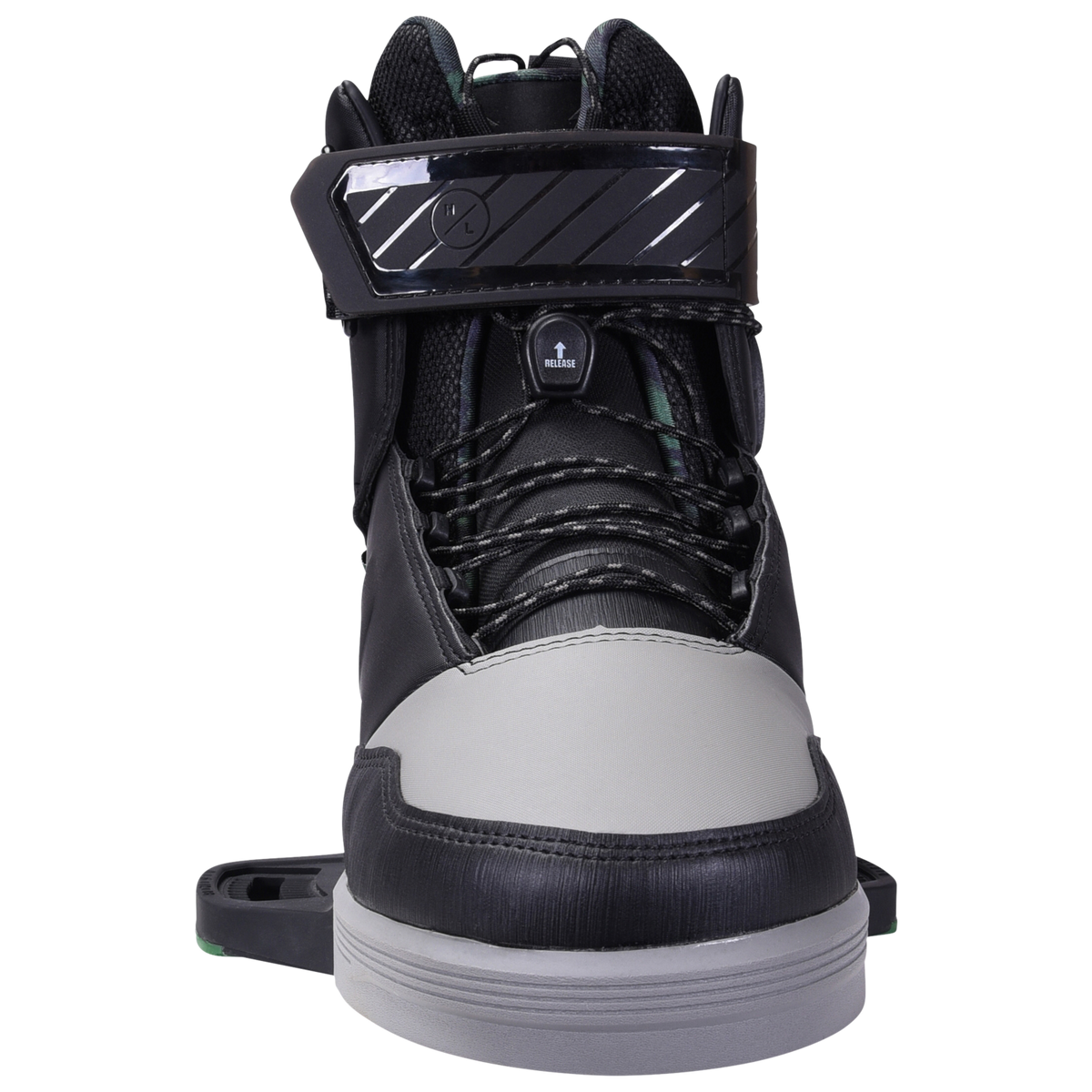 Scout Binding: Black/gray snowboard boot with lace, strap & abrasion-resistant materials.