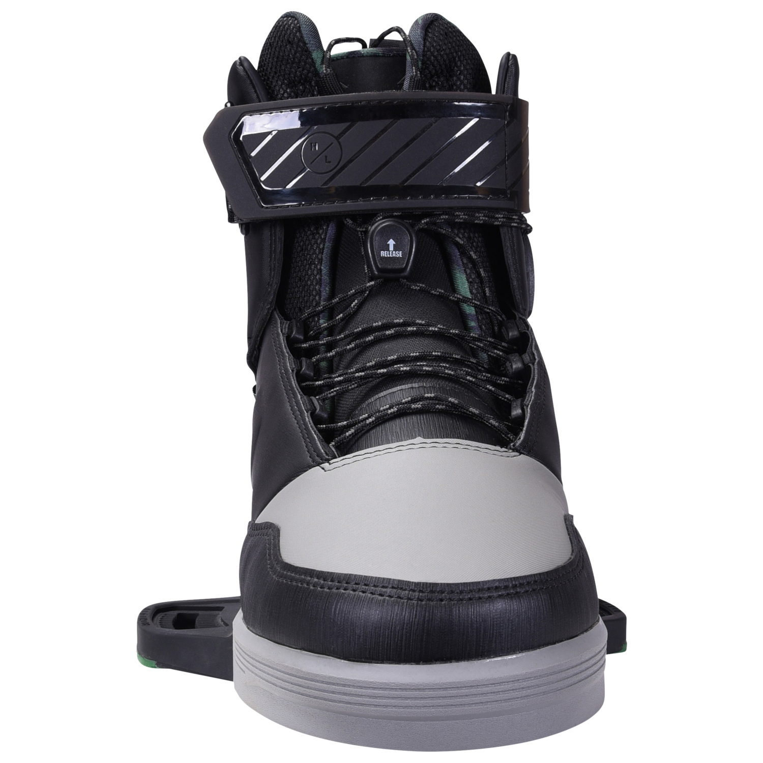 Scout Binding: Black/gray snowboard boot with lace, strap & abrasion-resistant materials.