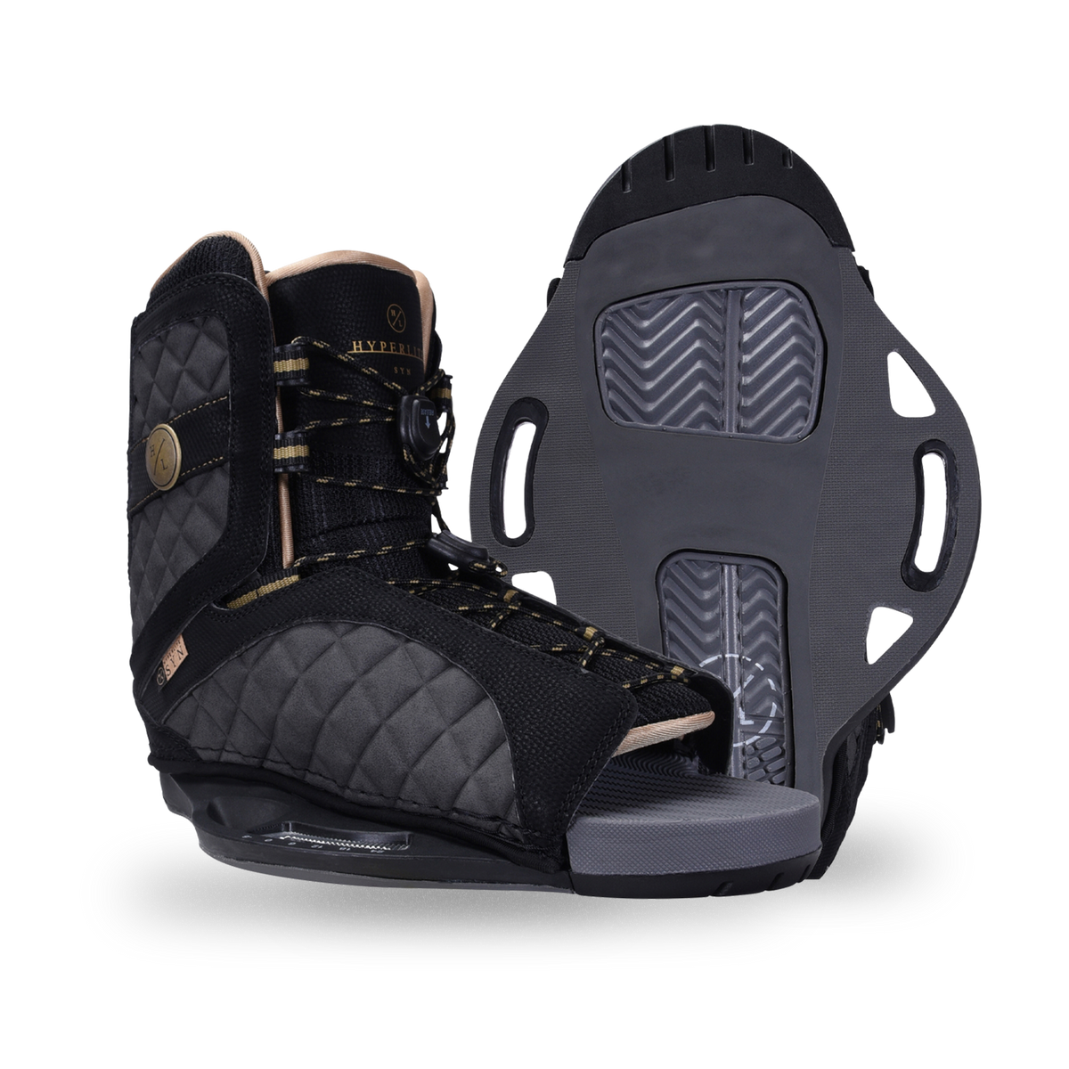 Side and base views of the black Syn Binding with quilted gray panels, gold-flecked laces, and an open toe.