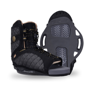 Side and base views of the black Syn Binding with quilted gray panels, gold-flecked laces, and an open toe.