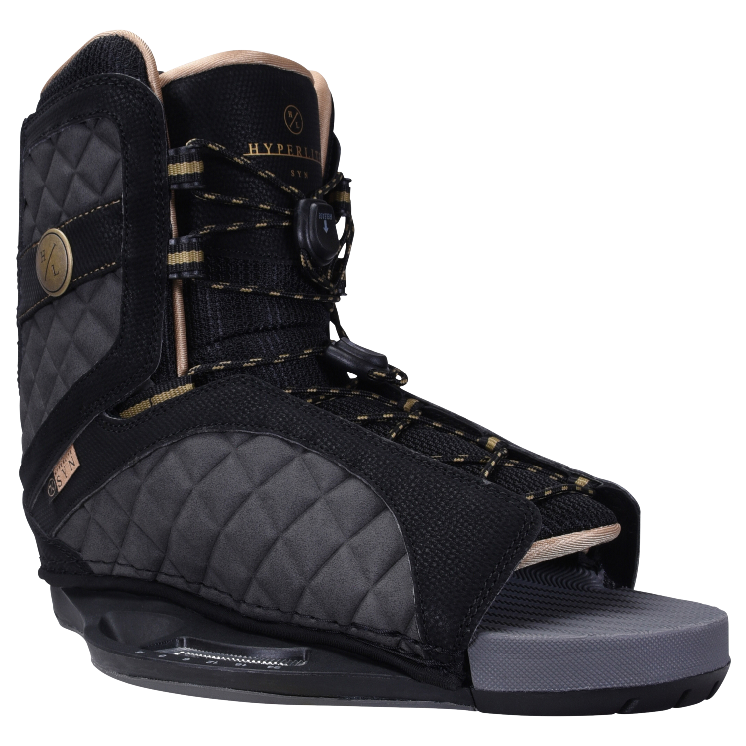 Syn Binding, black/gray colors, laces, logo, features a Low Pro Plate System.