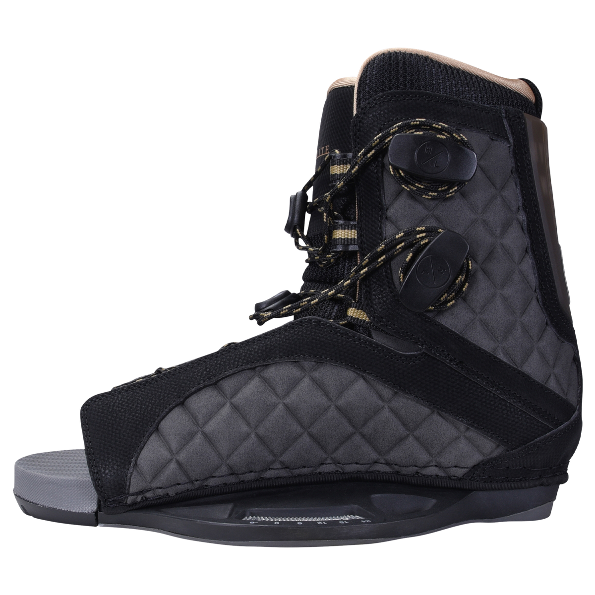 Gray and black Syn Binding boot with quilted design, laces, and low pro plate system.