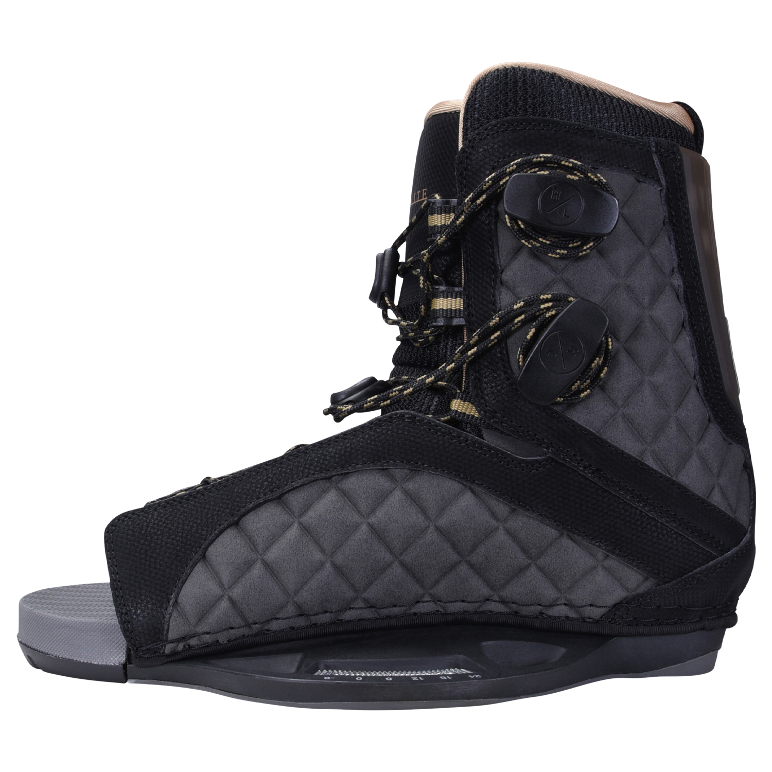 Gray and black Syn Binding boot with quilted design, laces, and low pro plate system.