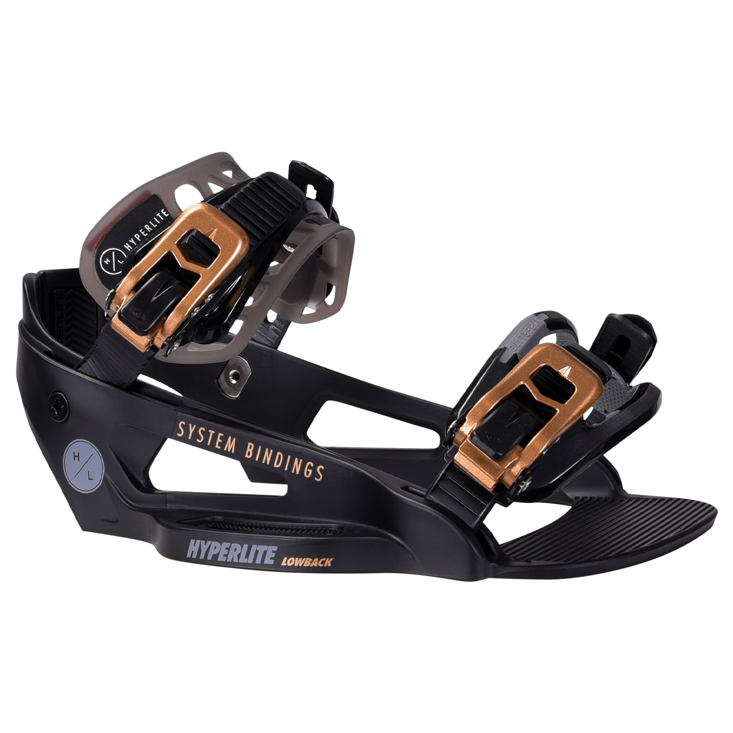 Black/gold snowboard binding with adjustable toe strap, System Lowback Binding.