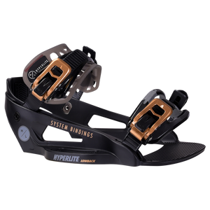 Black/gold snowboard binding with adjustable toe strap, System Lowback Binding.