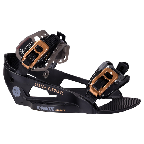 Black/gold snowboard binding with adjustable toe strap, System Lowback Binding.