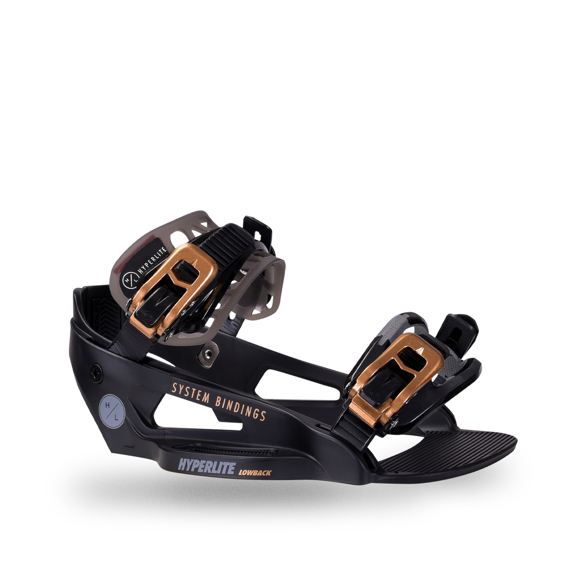 Side view of the black System Lowback binding with gold buckles on smoke-gray ankle and black toe straps.