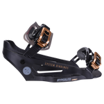 The System Lowback Binding in Black/Gold features an adjustable toe strap and secure buckles.