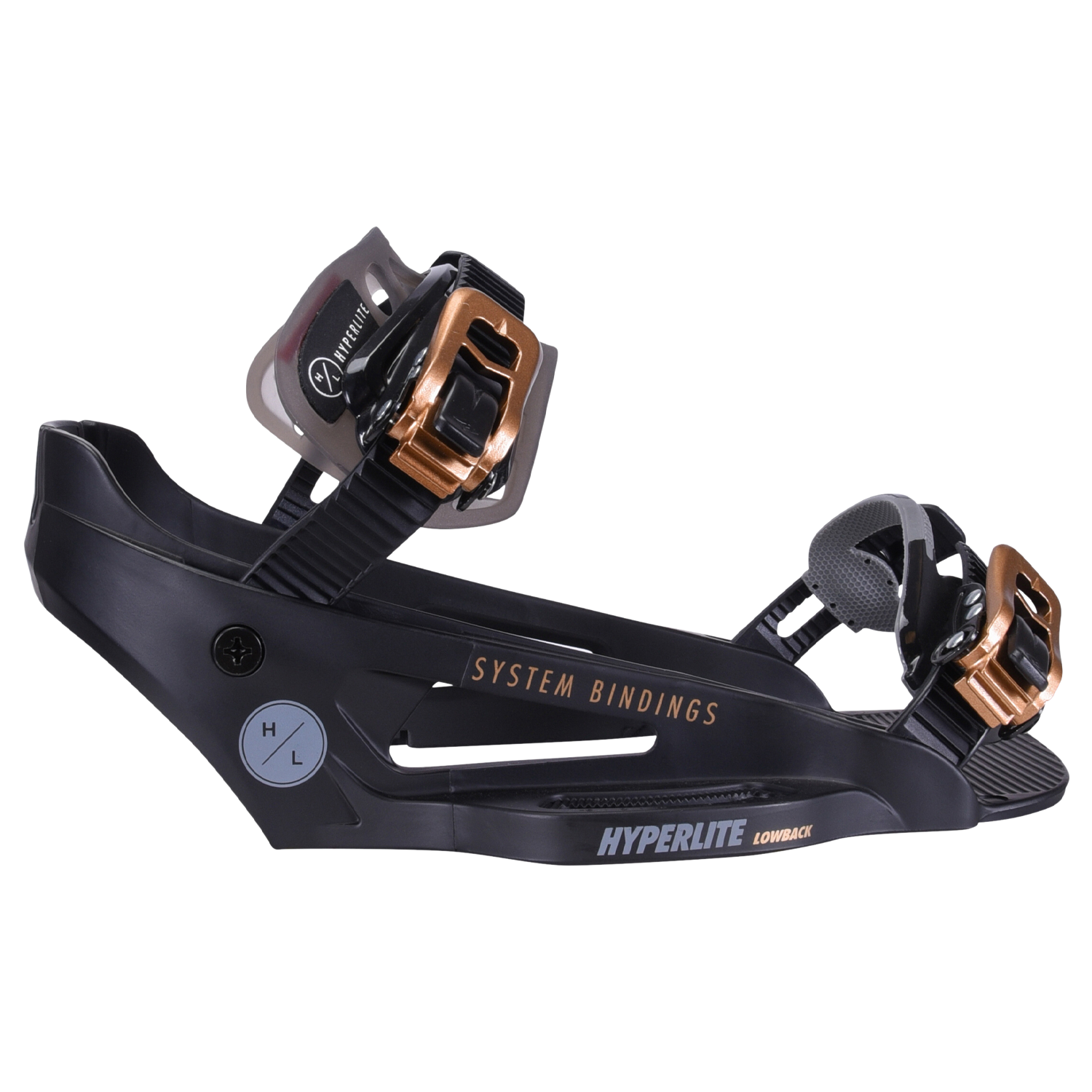 The System Lowback Binding in Black/Gold features an adjustable toe strap and secure buckles.