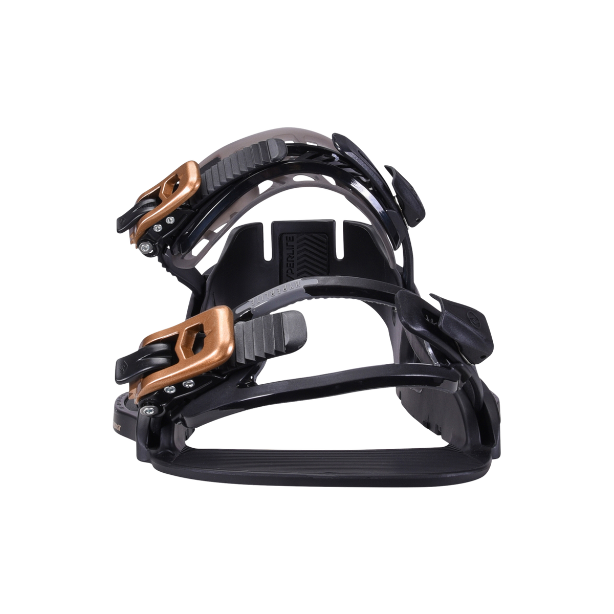 System Lowback Binding - Black/Gold with adjustable toe strap and bronze buckles.