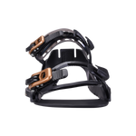 System Lowback Binding - Black/Gold with adjustable toe strap and bronze buckles.