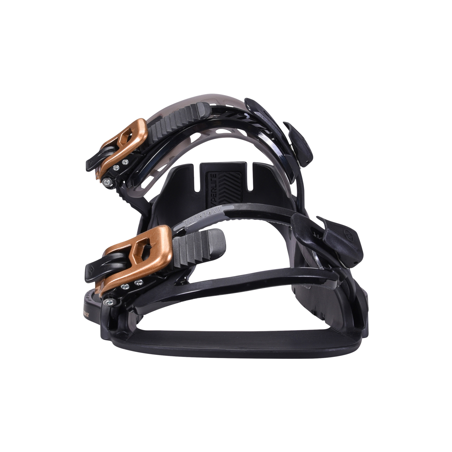 System Lowback Binding - Black/Gold with adjustable toe strap and bronze buckles.