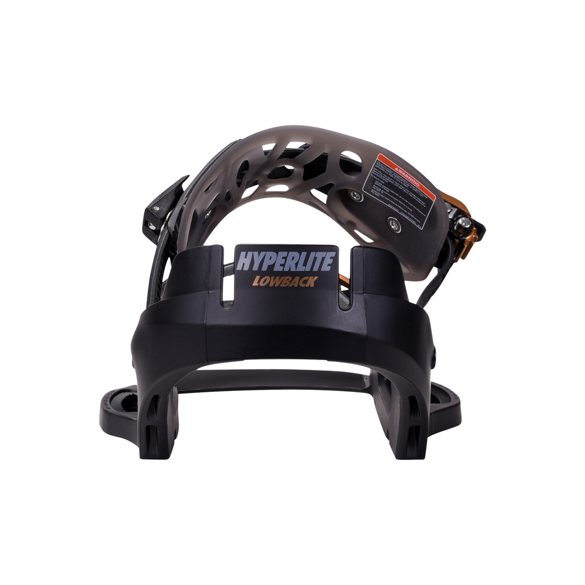 System Lowback Binding - Black/Gold: Curved design, adjustable toe strap.