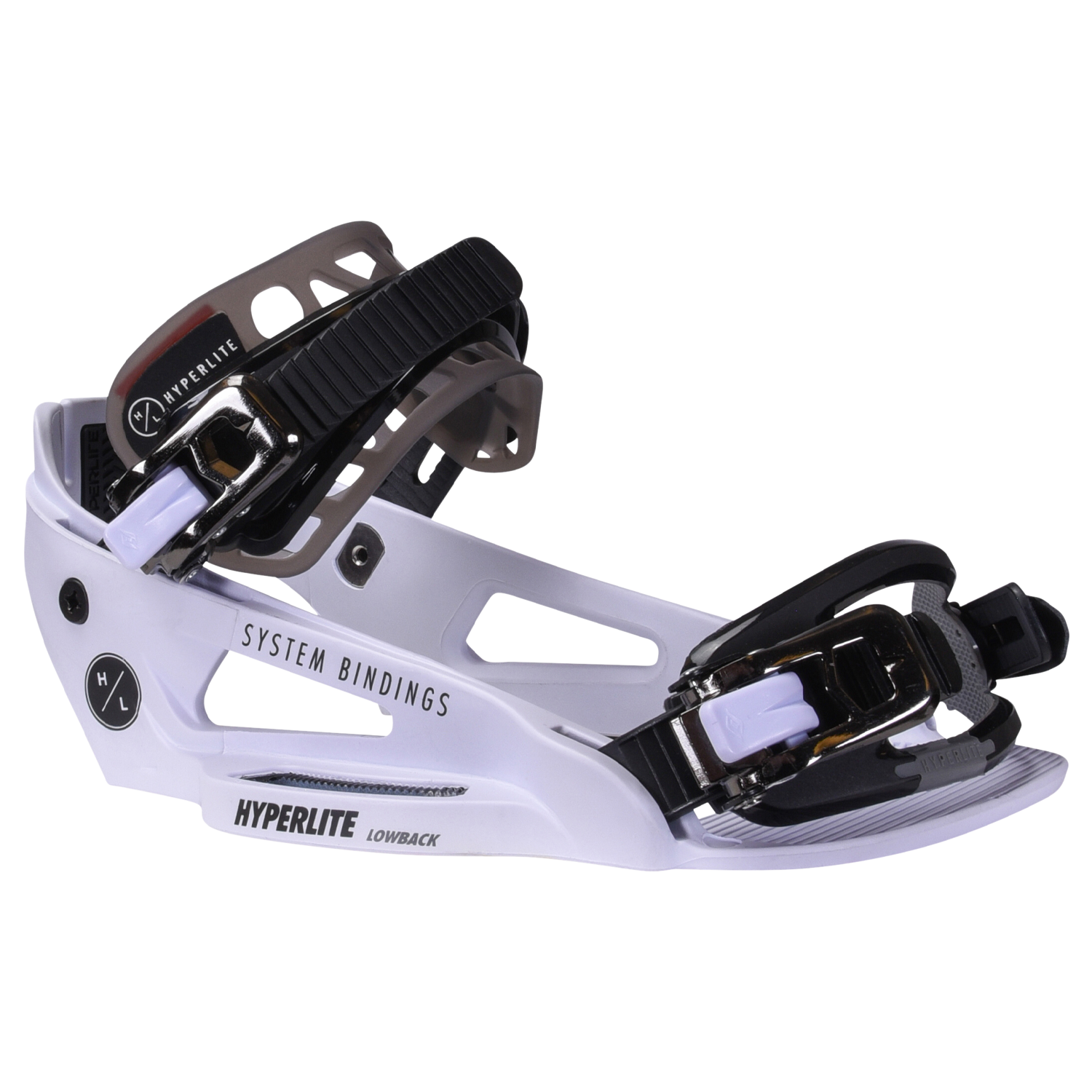 White System Lowback Binding, black straps, Hyperlite branding.