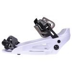 White ski binding featuring System Lowback Binding with adjustable black and gray mechanism.