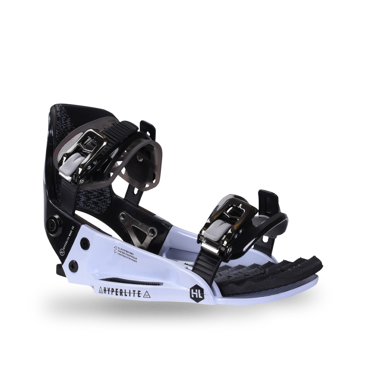 Side view of the black and white System Pro Binding with chrome buckles, a highback, and a ridged toe pad.