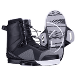 Black and gray snowboard boots, white soles, patterns, including Team X Binding.