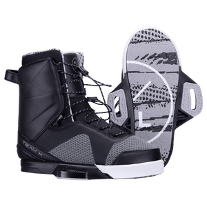Black and gray snowboard boots, white soles, patterns, including Team X Binding.