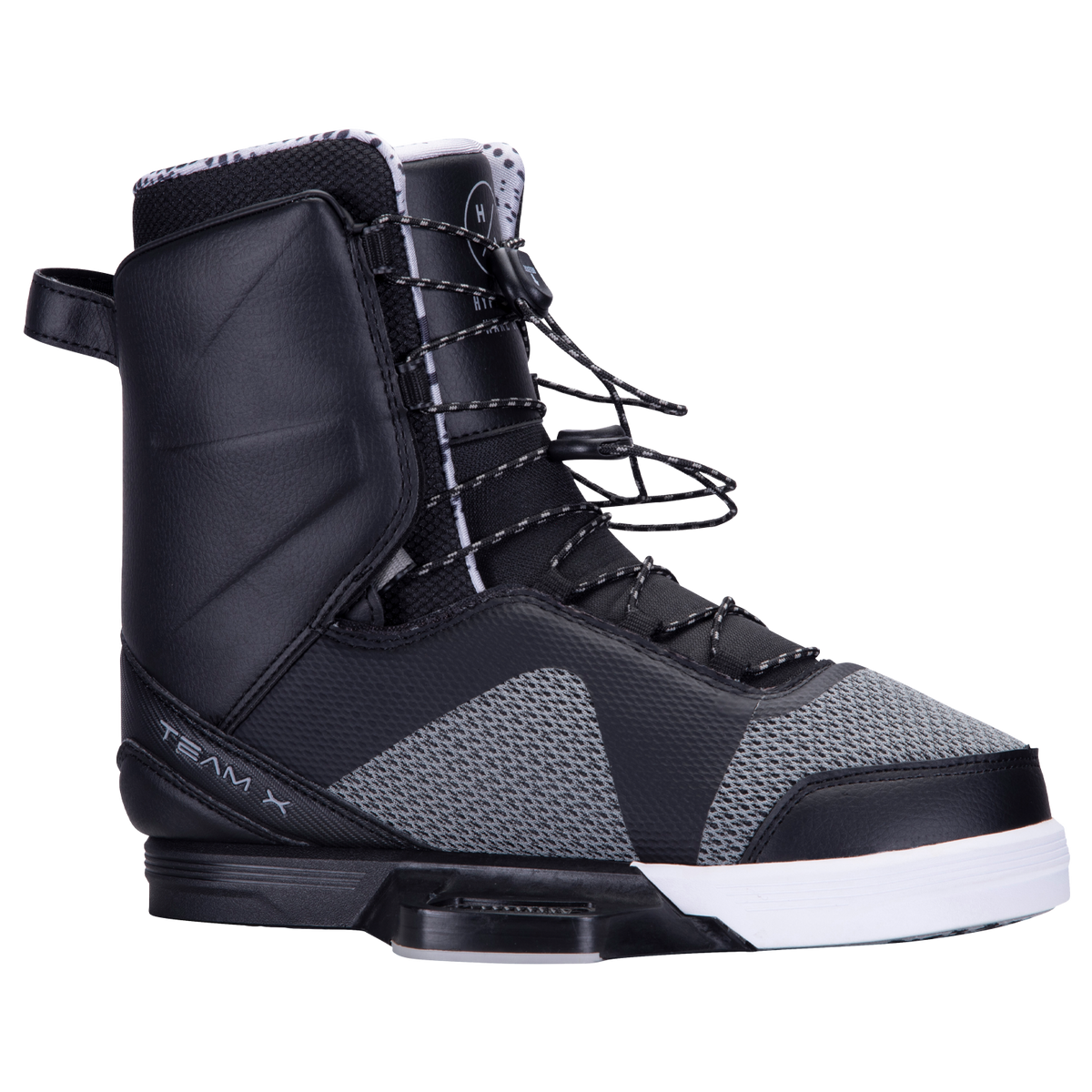 Black/gray Team X Binding, white sole, lacing, Fusion Plate System.