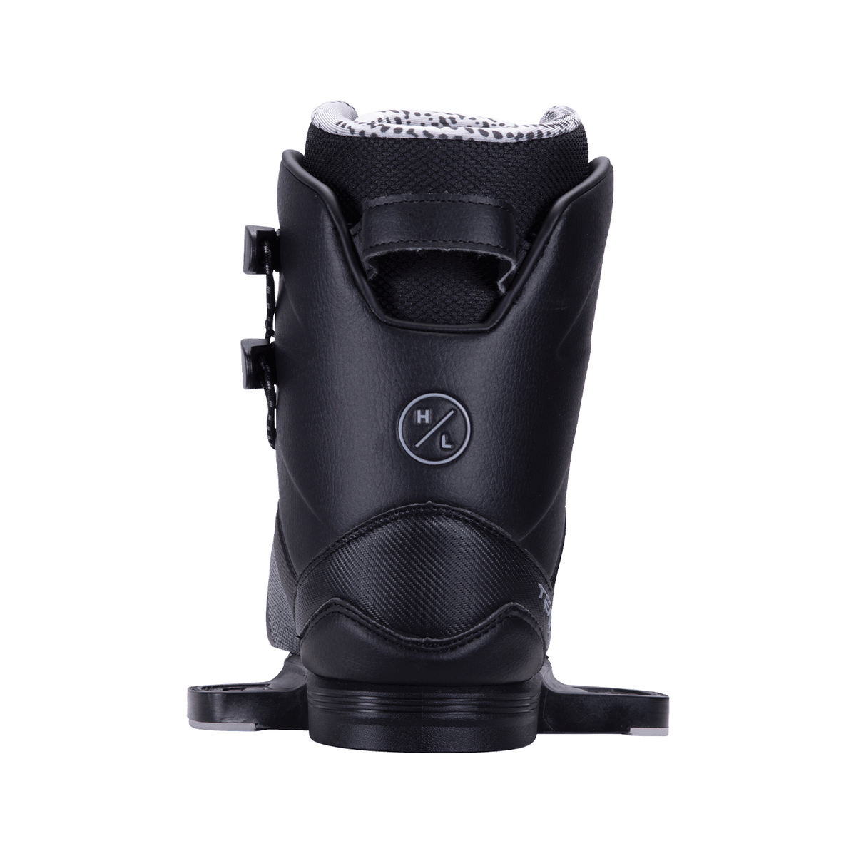 Team X Binding, black ski boot, adjustable buckles & Internal Ankle Harness, rear view.