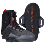 Black and gray Ultra Binding wakeboard boots with red accents and black soles.