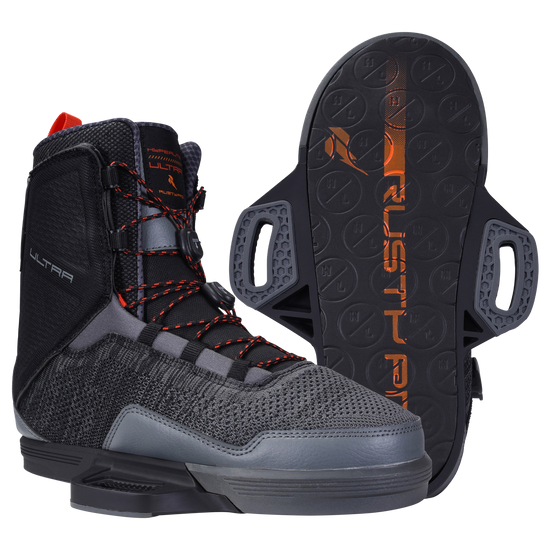 Black and gray Ultra Binding wakeboard boots with red accents and black soles.