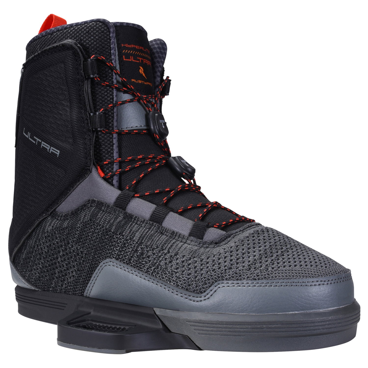Gray/black snowboard boot, red laces, high ankle support, features Ultra Binding.