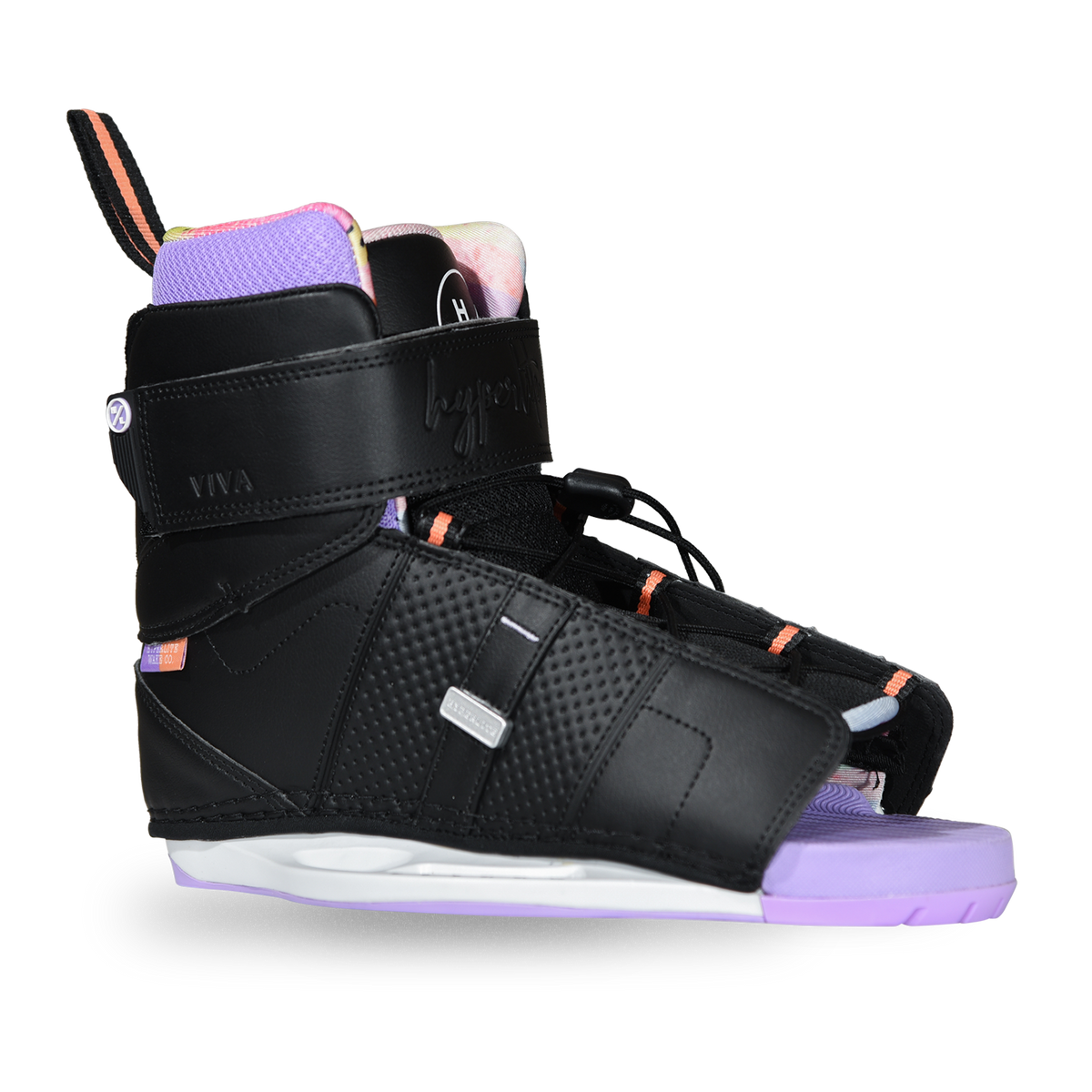 Angled view of the black Viva Binding with a lavender cuff, coral-striped pull loop, and an ankle strap.