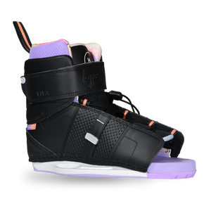 Angled view of the black Viva Binding with a lavender cuff, coral-striped pull loop, and an ankle strap.