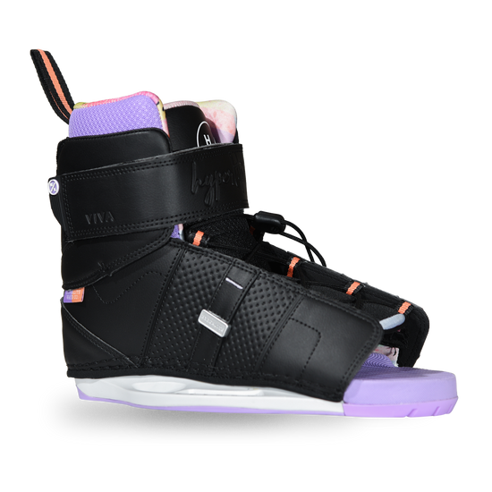 Angled view of the black Viva Binding with a lavender cuff, coral-striped pull loop, and an ankle strap.