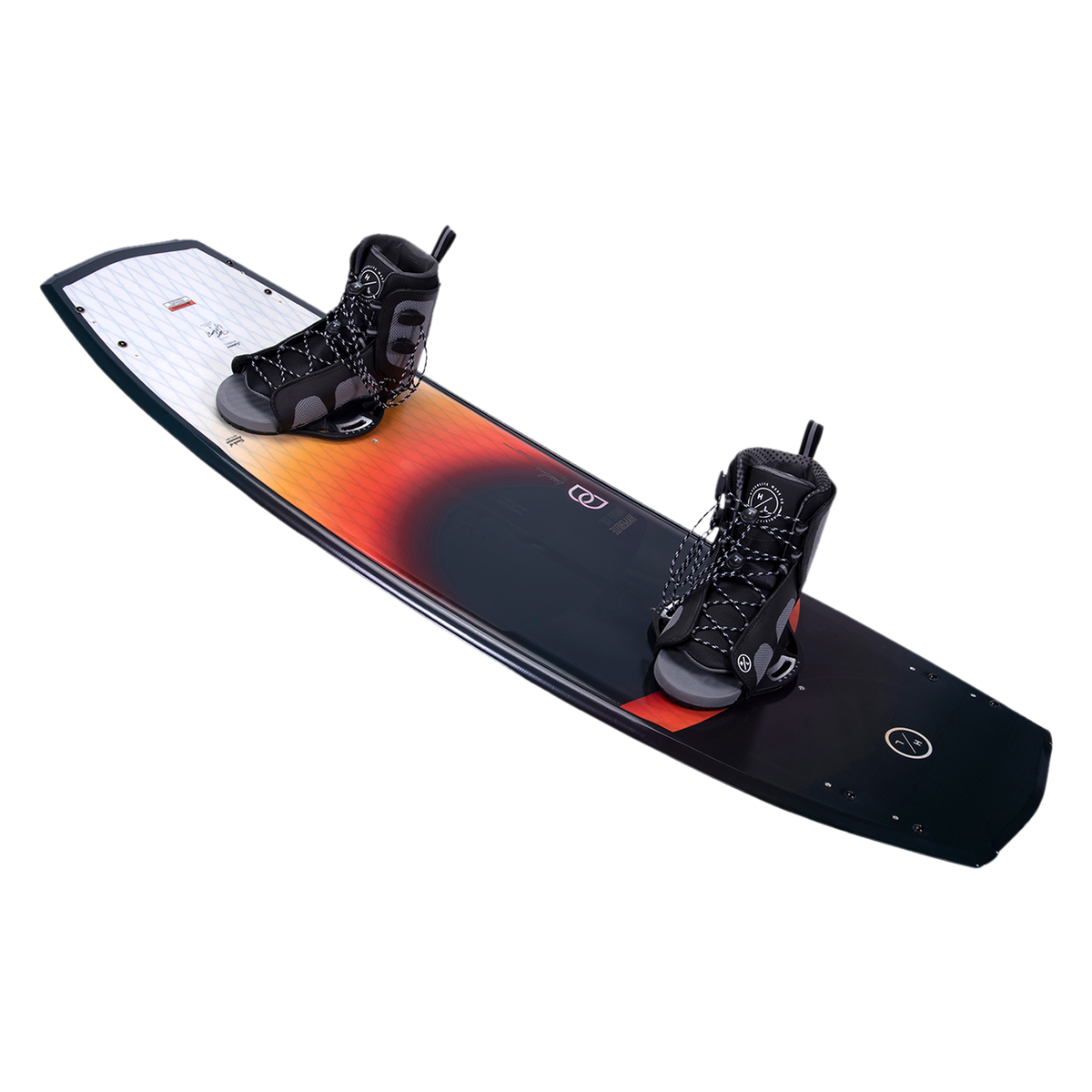 Angled view of the Baseline Wakeboard with black Remix bindings and red-to-white gradient deck.
