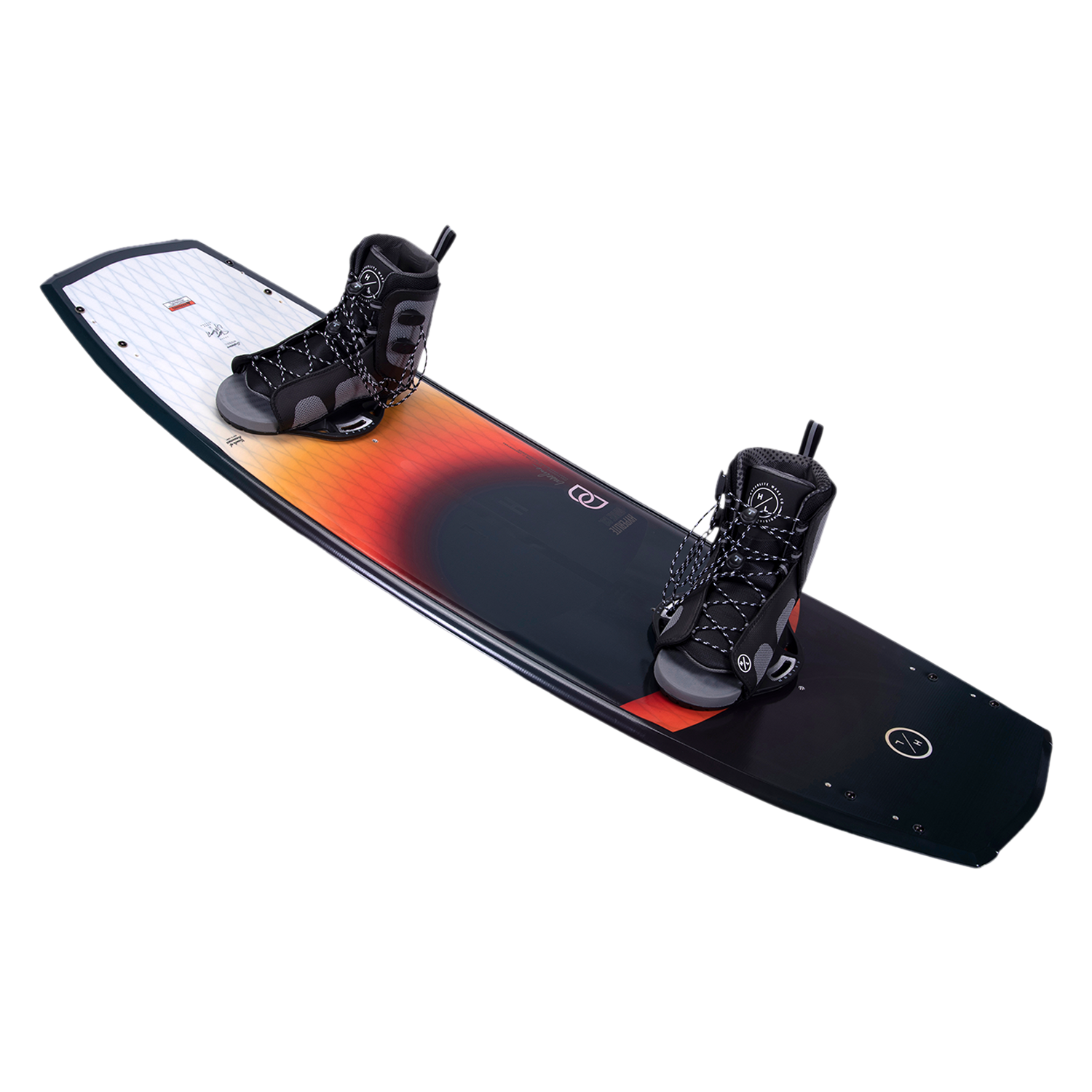 Angled view of the Baseline Wakeboard with black Remix bindings and red-to-white gradient deck.