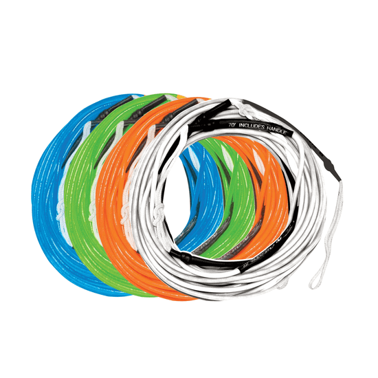 X-Line 70 ropes in blue, green, orange, and white, coiled together.
