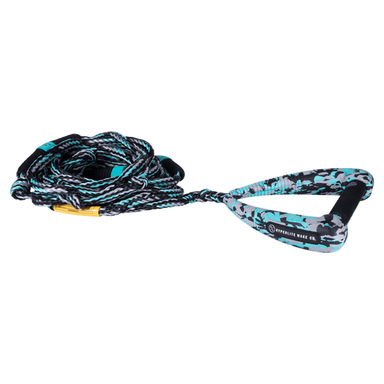A teal and grey wakeboard rope with oversized foam endcaps.