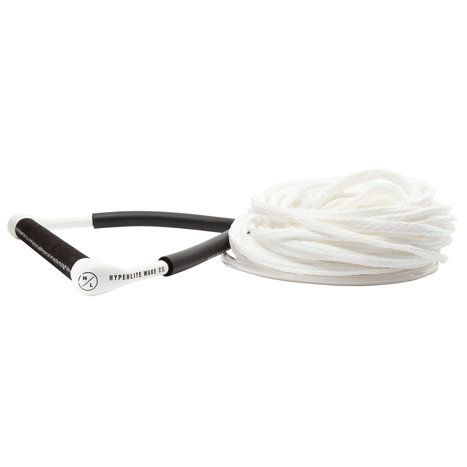 White CG Handle W/ Poly E, coiled black and white with Chamois Grip, on the ground.
