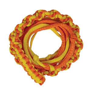 Coiled orange and yellow 20 Knotted Surf Rope with Hyper-Braid Design.