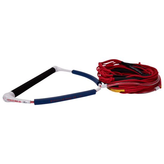 Chamois Grip handle with coiled Progression Series Wakeboard Rope in red.