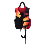Boys Child Indy - CGA Vest: Red/black PFD with orange stripes, buckles, and handle.