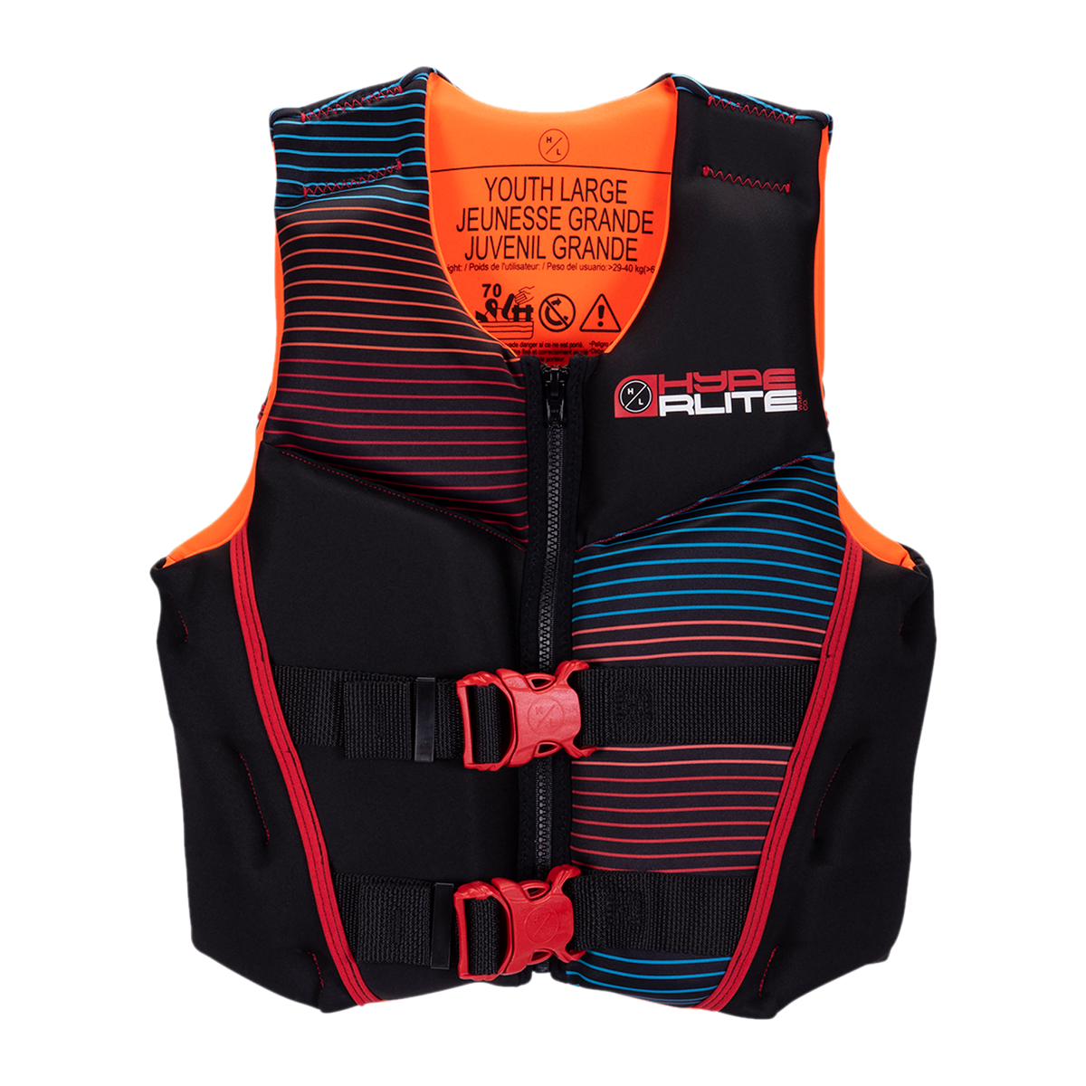Boys Youth Indy Vest - Large: a vibrant life jacket with red buckles and striped design.