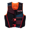 Boys Youth Indy Vest - Large: a vibrant life jacket with red buckles and striped design.
