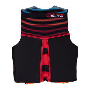 Product: Boys Youth Indy CGA Vest, black/red with colorful stripes for water safety.