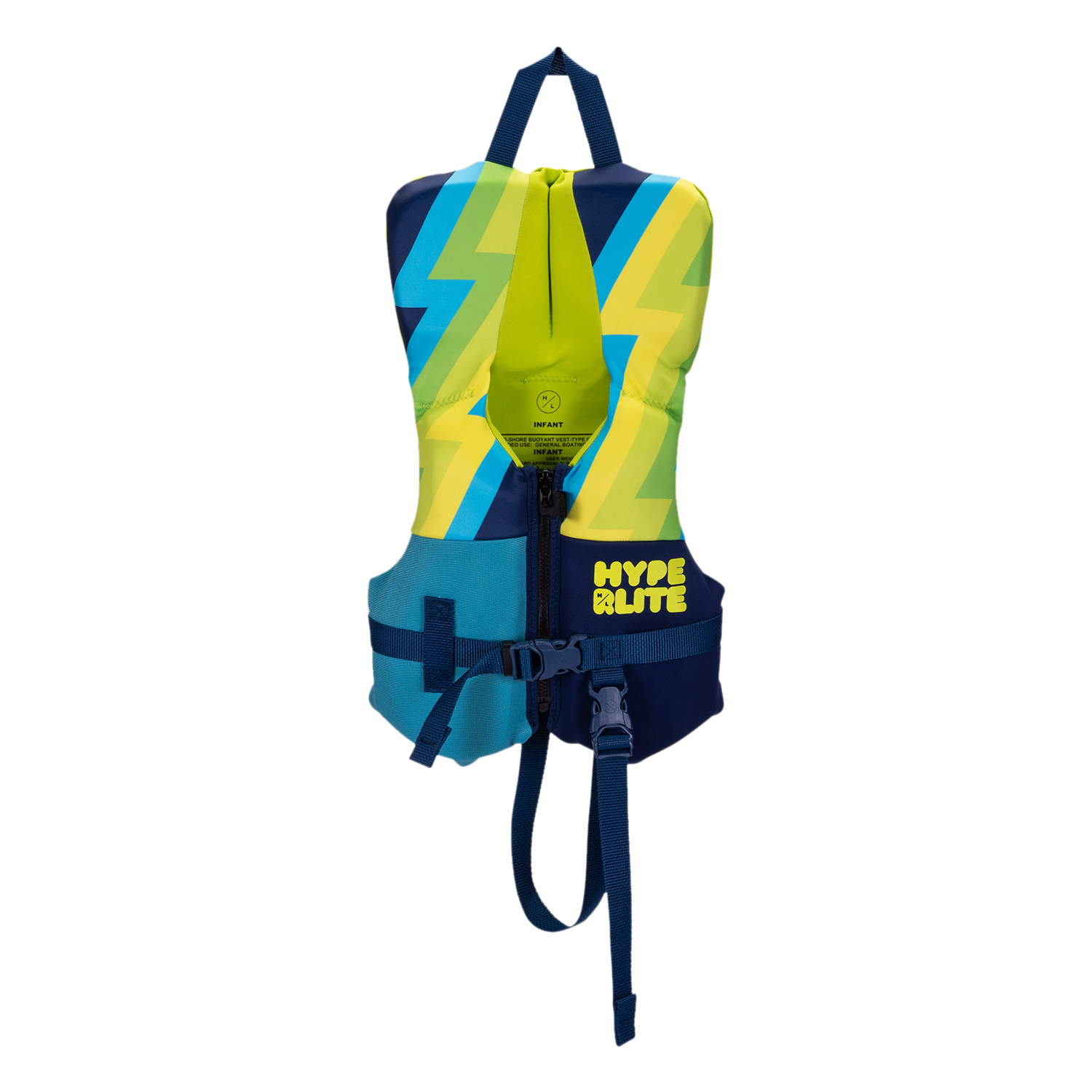 USCG approved Boys Toddler Indy CGA Vest with geometric patterns and Hype Life text.